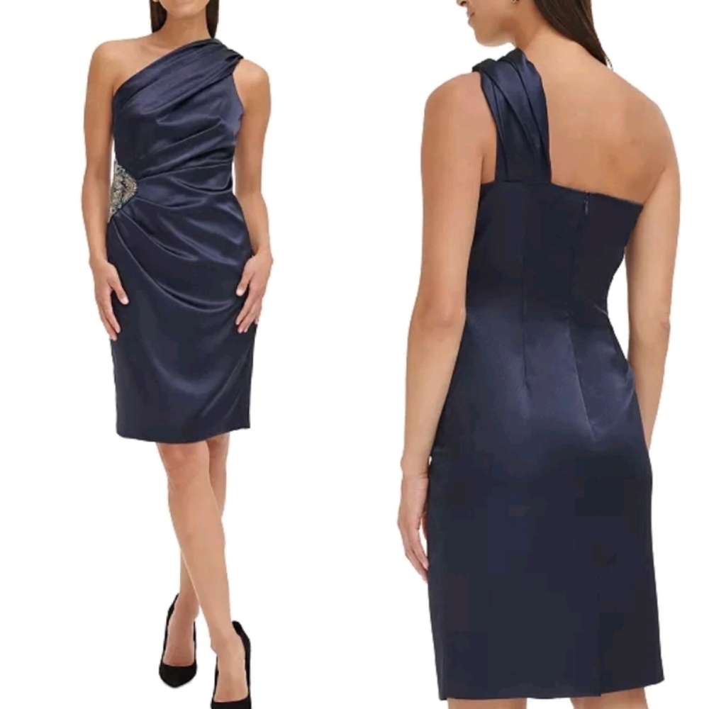 Eliza J Dress Sz 4 Navy One Shoulder Ruched Satin Cocktail Evening Formal Beaded